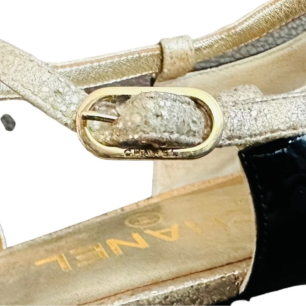 Chanel gold metallic flake leather sandals with black patten heels size 38